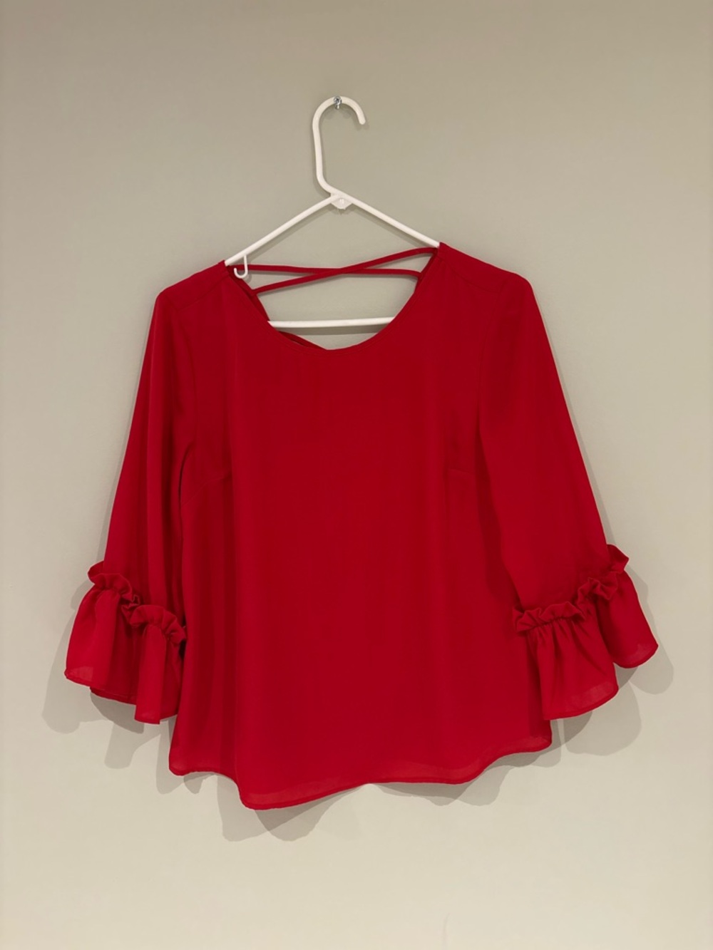 Flowy Red Ruffle Sleeve Women's Top - Picture 2 of 6